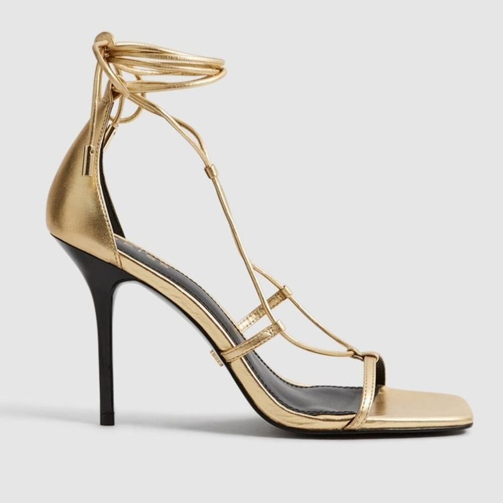 Reiss Kali Leather strappy Stiletto wrap Sandals in gold Metallic size 37 $285